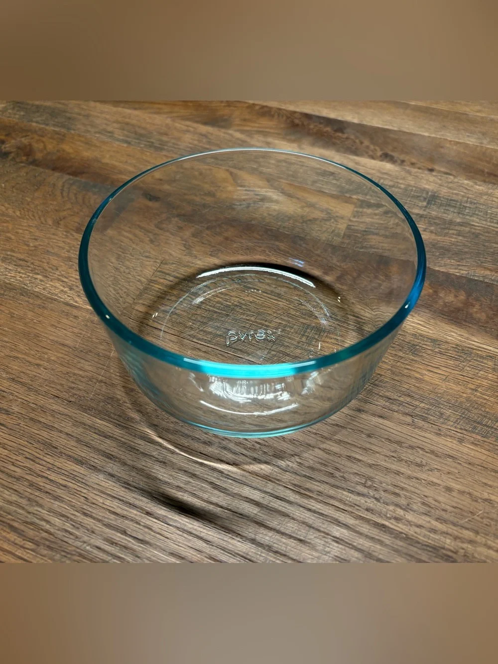 Vintage Pyrex Clear Glass Serving Bowl with Teal Rim